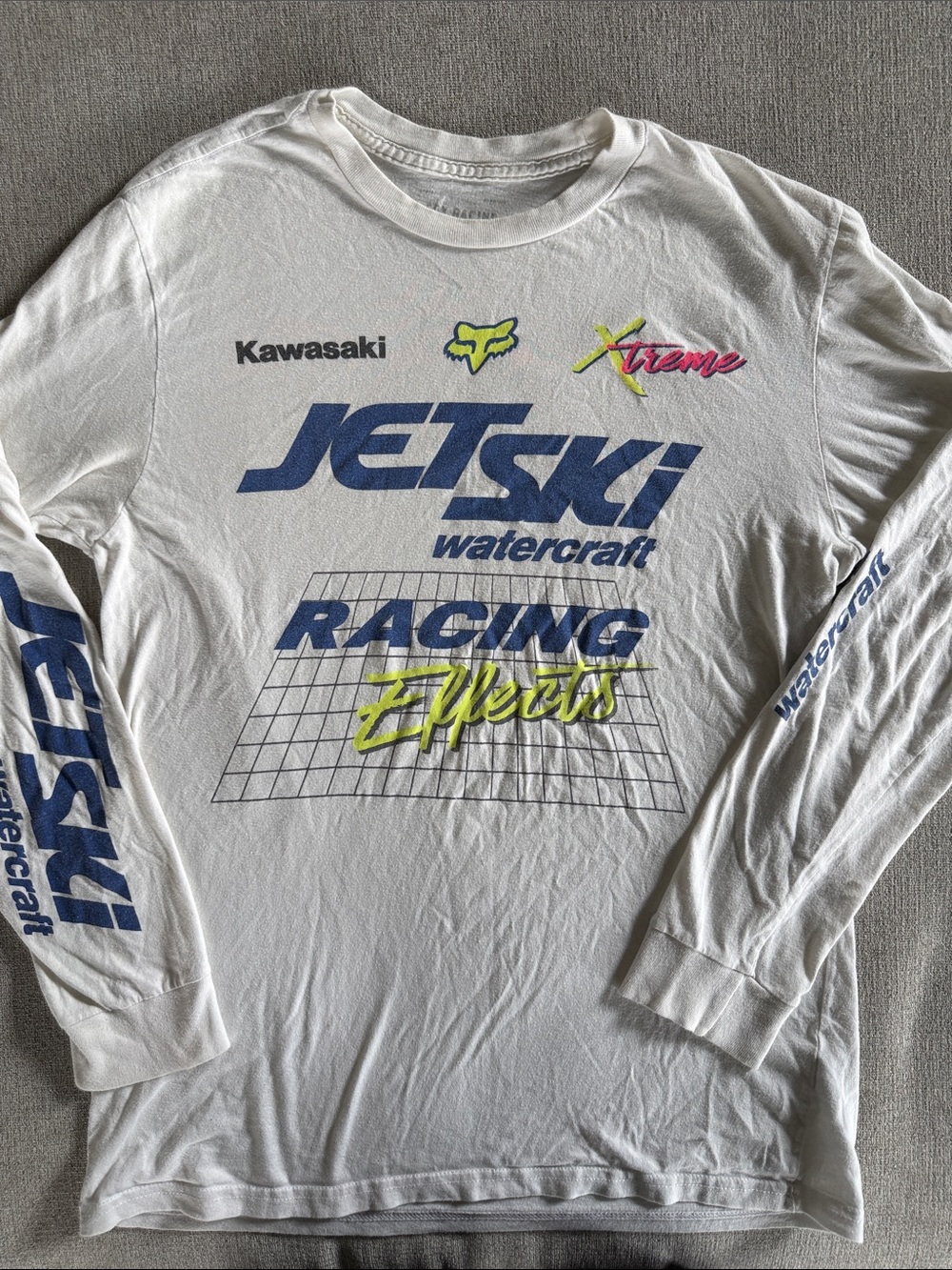 Fox White Long-Sleeve Jetski Racing Graphic Tee with Blue and Neon Accents
